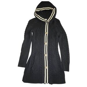Bossini Womens Navy Blue Cable Knit Hooded Long Cardigan Sweater Wool Blend‎ S